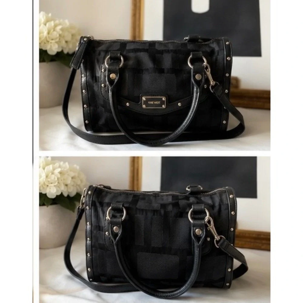 Nine West Black Jacquard Satchel Studded Crossbody Handbag Geometric Print Bag